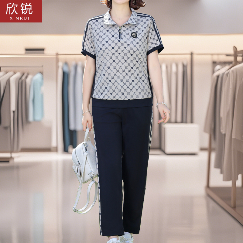 中老年女夏装洋气格子短袖套装