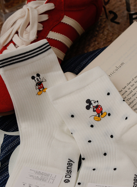 迪士尼联名米老鼠袜子卡通可爱纯棉薄款春季白色中筒好看2026新款
