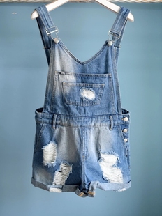 鸟家旗下潮牌MG磨白流苏牛仔背带裤短裤