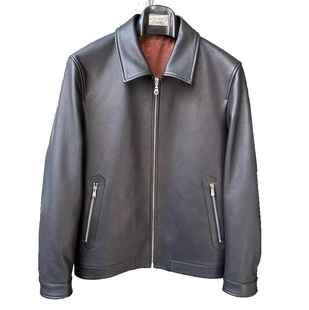 修身 头层鹿皮皮衣黑色拉链口袋翻领短款 夹克 新款 男士