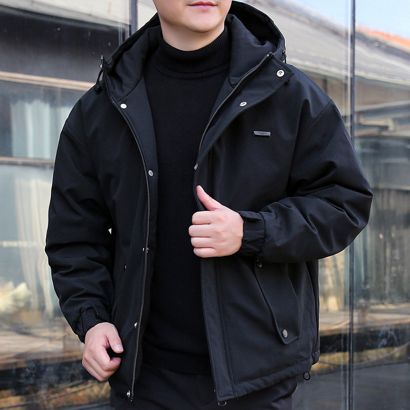 2025冬季加厚连帽冲锋衣羽绒服男加肥加大码纯色潮流保暖短款外套