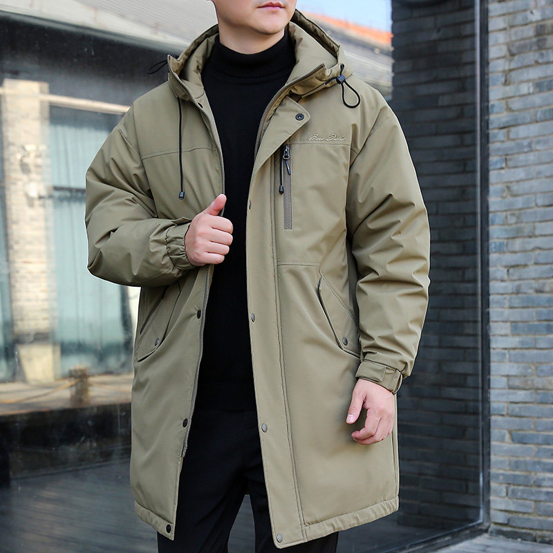 冬季中长款连帽羽绒服男加肥加大码防寒保暖潮流休闲宽松大衣外套
