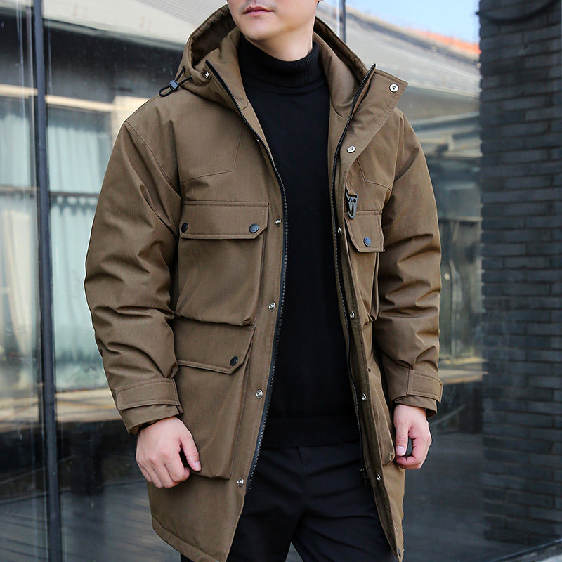 2025冬装连帽中长款羽绒服男加肥大码抗寒加厚保暖工装大口袋外套