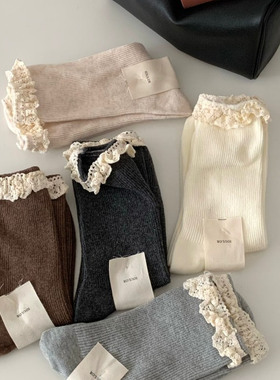 Opening韩国女袜百搭韩系舒适花边棉袜螺纹灰色短袜