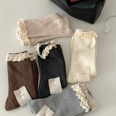 Opening韩国女袜百搭韩系舒适花边棉袜螺纹灰色短袜