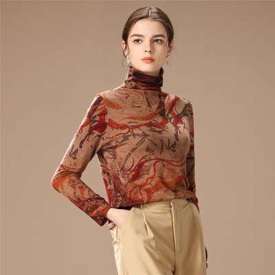 超细水溶羊毛印花打底衫堆堆领