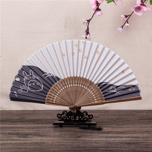 keika日式和风真丝小折扇夏日随身便携礼品拍摄道具卡通龙猫包邮