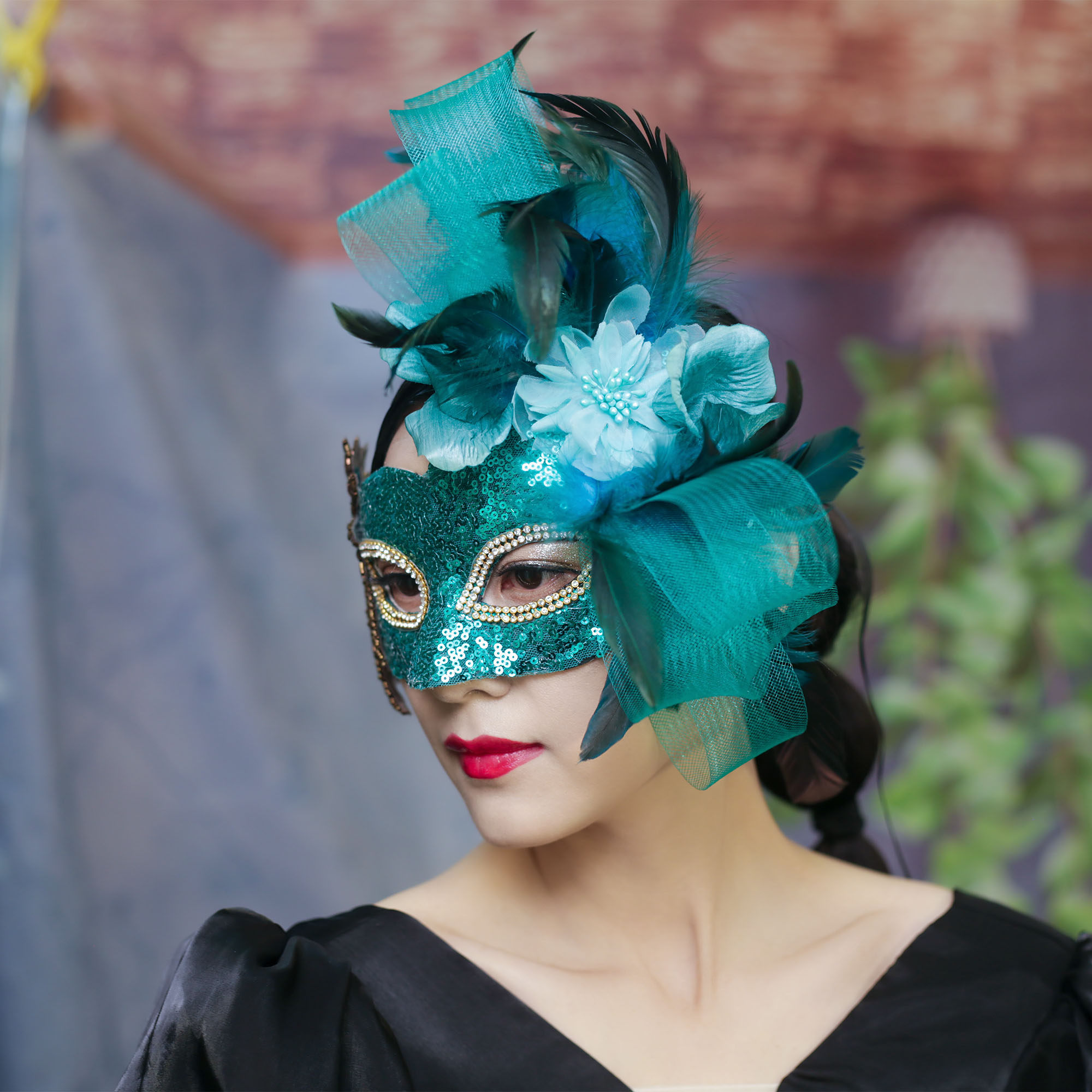 欧美夸张威尼斯绿色花朵面具羽毛蒙面歌王万圣节狂欢假面舞会派对