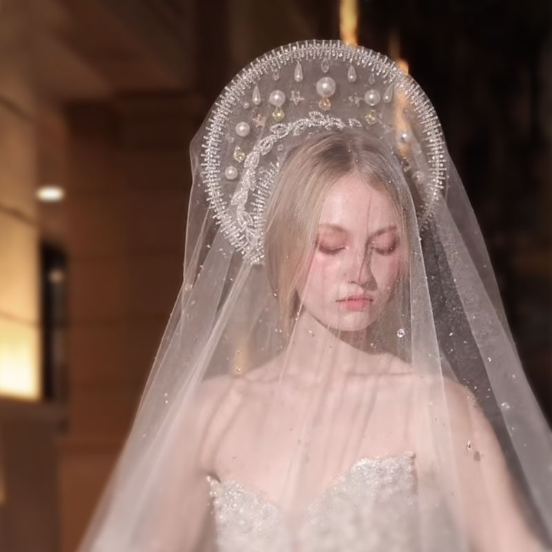 唯美飘仙白色圣母皇冠头纱个性婚纱旅拍摄影道具婚礼仙气