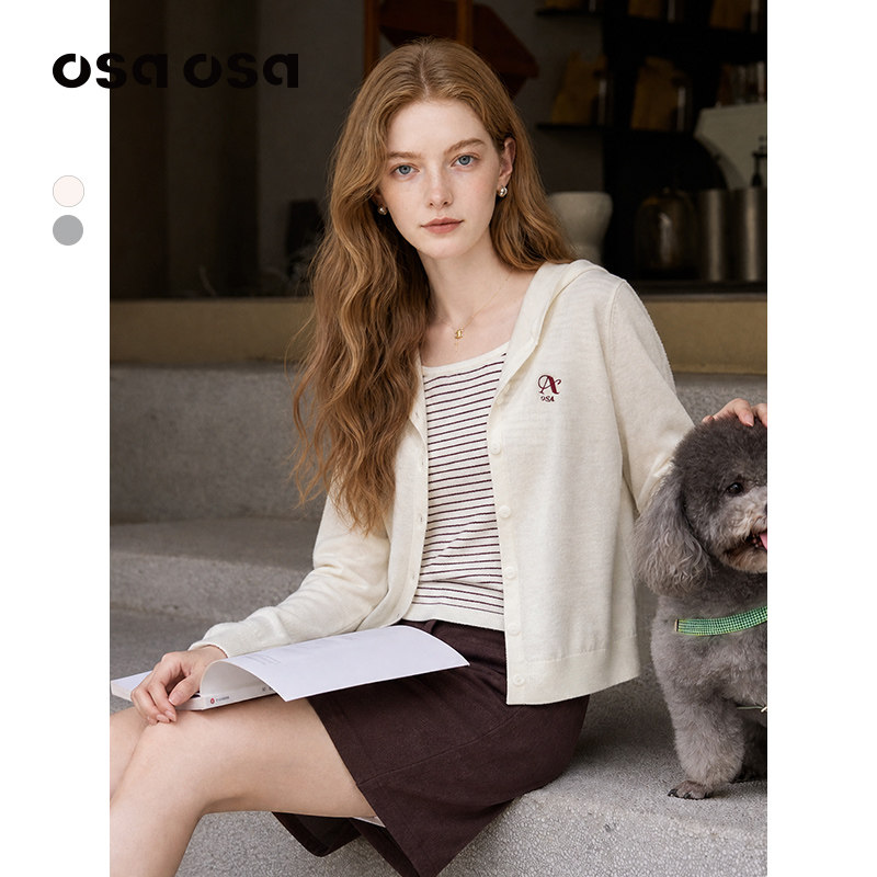 OSA假两件条纹拼接连帽针织毛衫