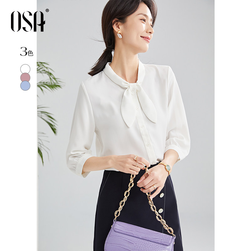 OSA欧莎春装2025年新款女气质OL职业白色雪纺衬衫七分袖上衣衬衣