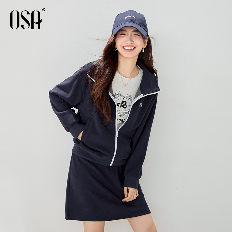 OSA欧莎休闲风运动套装裙女2025冬季新款宽松卫衣外套半裙两件套