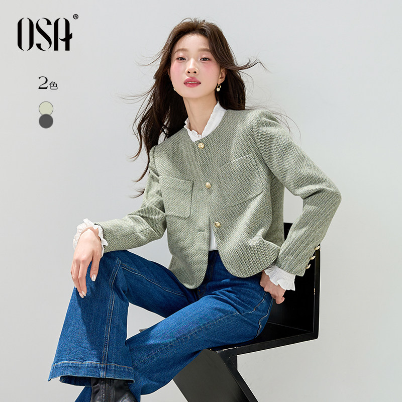 OSA欧莎小香风圆领毛呢外套女复古通勤短款粗花呢子大衣冬季新款