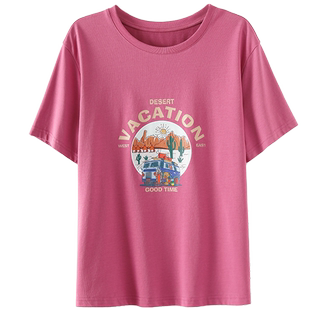 OSA欧莎火龙果色美式印花T恤女短袖2026夏季新款宽松百搭打底上衣