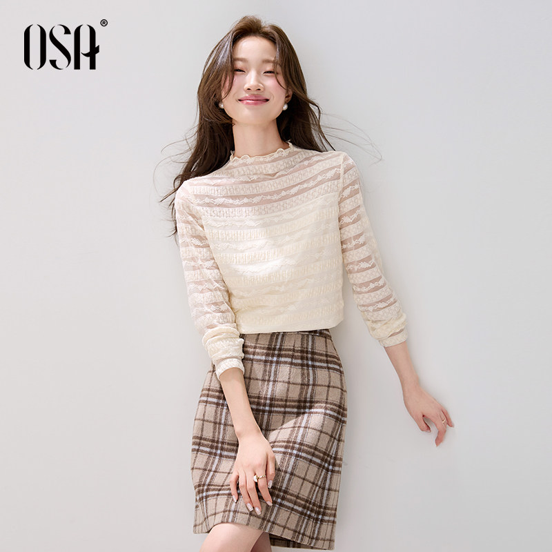 OSA欧莎小立领蕾丝雪纺衫女2025秋季新款横纹肌理长袖打底衫上衣