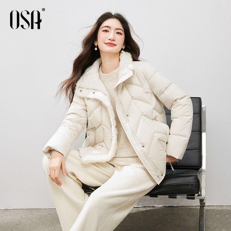 OSA欧莎保暖白鸭绒羽绒服女2025年冬季新款白色毛领面包服短外套
