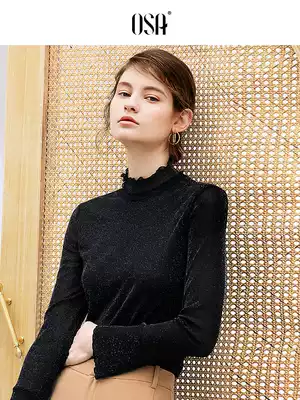 OSA spring and autumn black long sleeve plus velvet padded knitted T-shirt top base shirt Women's interior winter 2021 New