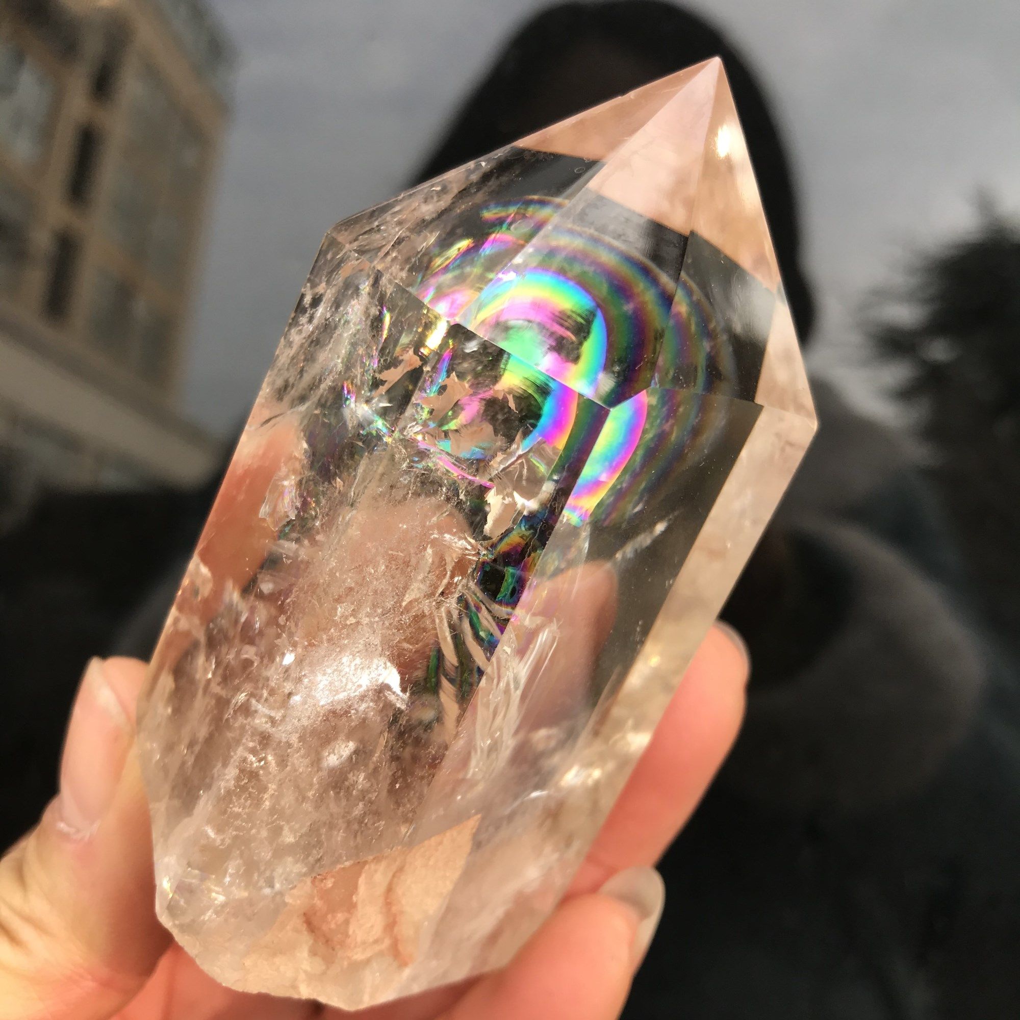 天然白水晶原石随形打磨 七色彩虹半宝石摆件单晶体水晶块摆件