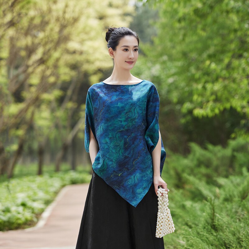 【云起】100%桑蚕丝香云纱提花缎 蝙蝠袖 不对称 上衣-重磅35姆