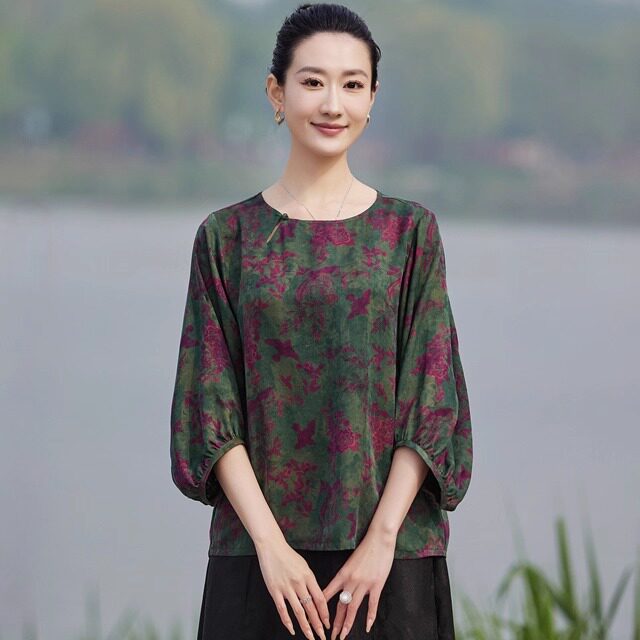 新款*100%桑蚕丝香云纱提花缎 花罗 灯笼袖 蝙蝠袖上衣*2色