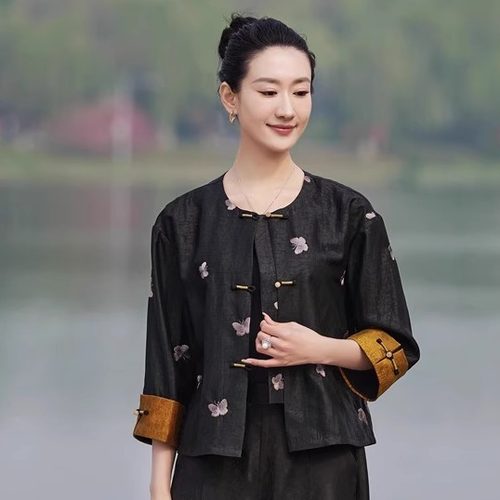 100%桑蚕丝香云纱龟纹 七分袖 开衫款 外套/上衣*绣蝴蝶