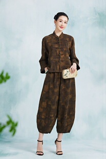 100%桑蚕丝真丝香云纱花罗 四经绞罗 套装 灯笼裤 40姆 上衣 墨香