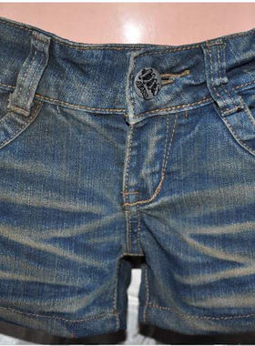 腰61-65CM小码水磨蓝色斑驳磨白显旧钉珠饰休闲短裤热裤7318