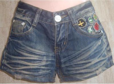 单裤7504 中码水磨蓝白色磨旧划破抽丝圈圈绣线饰牛仔短裤热裤