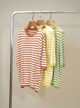 PAMIR女士圆领条纹撞色针织短袖T恤 PLM013