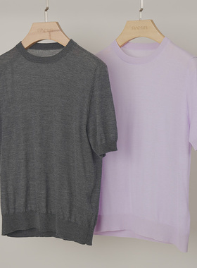 PAMIR女士圆领减龄薄款精纺羊绒短袖针织衫