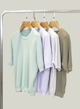 PAMIR女士圆领纯色清新棉麻混纺短袖针织衫 PZ155