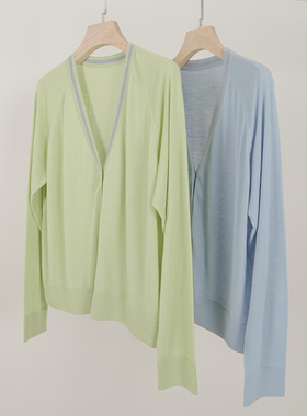 PAMIR女士V领撞色修身显瘦精纺羊毛针织开衫