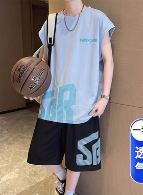 青少年冰丝无袖t恤男夏季高中初中学生背心短裤大童速干运动套装