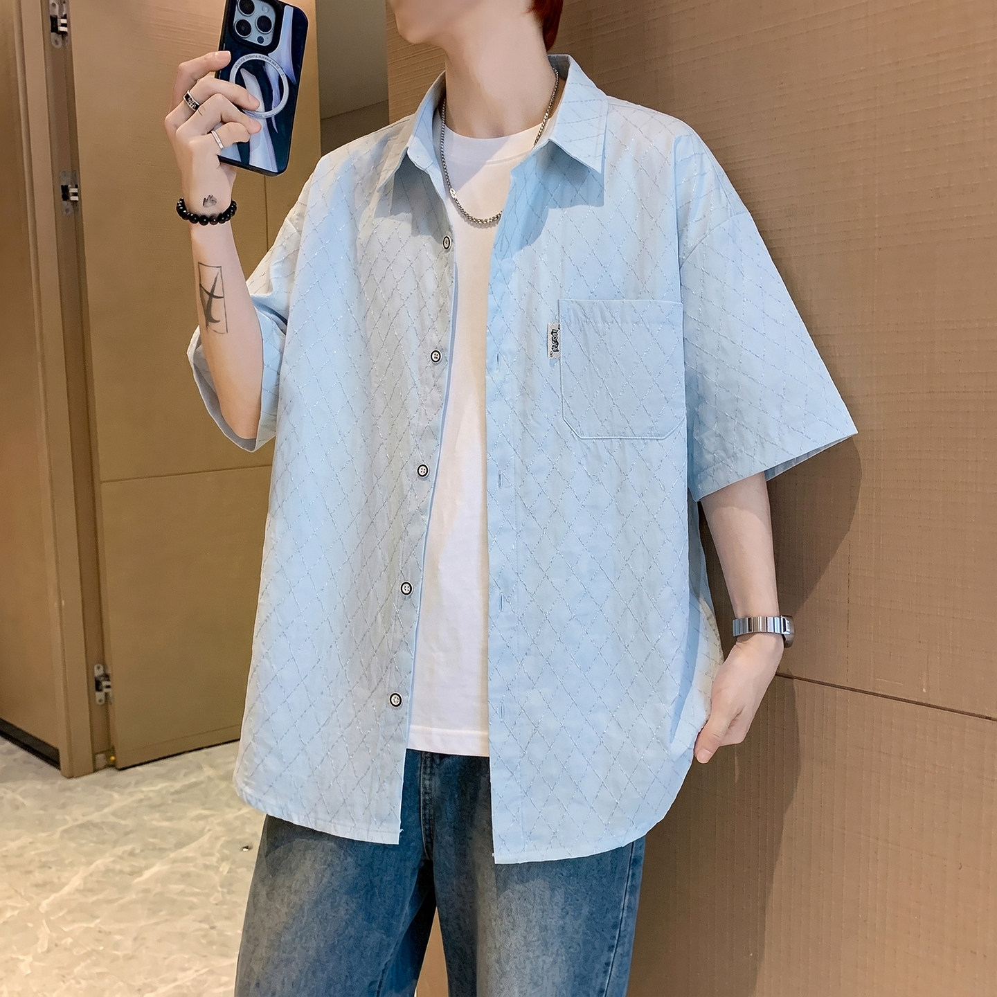 冰丝短袖衬衫男夏季薄款潮牌初中高中学生青少年大童凉感半袖外套图片