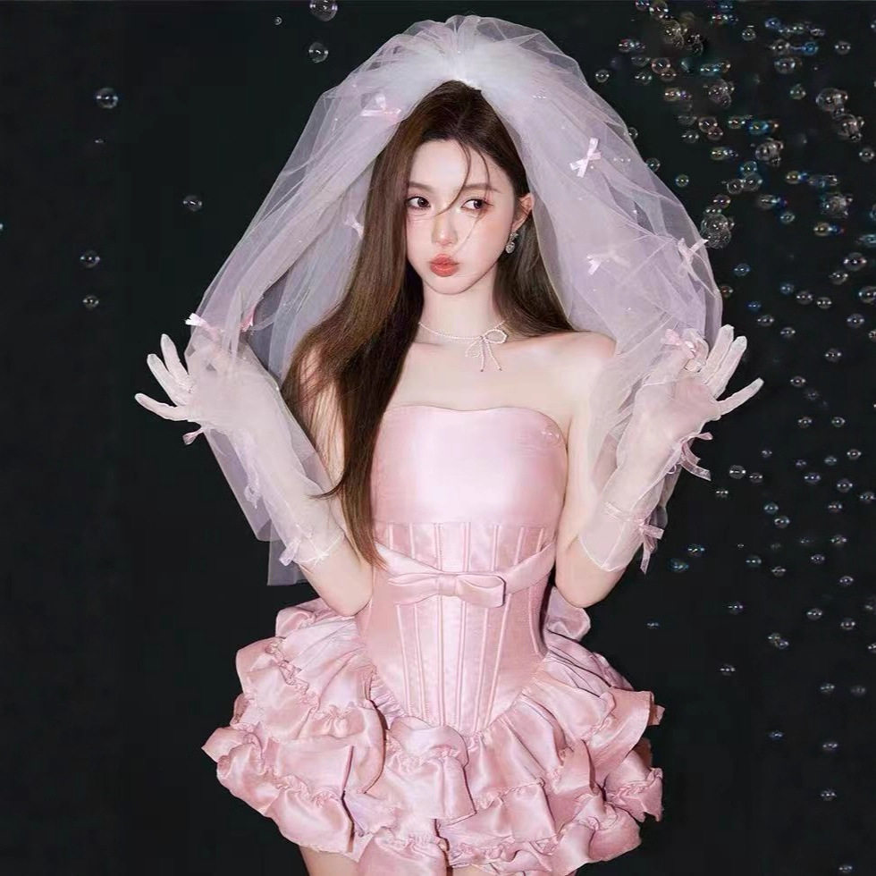 越南小众25ss新蝴蝶结蓬蓬鱼骨超短漫画女孩系带连衣裙配南瓜短裤