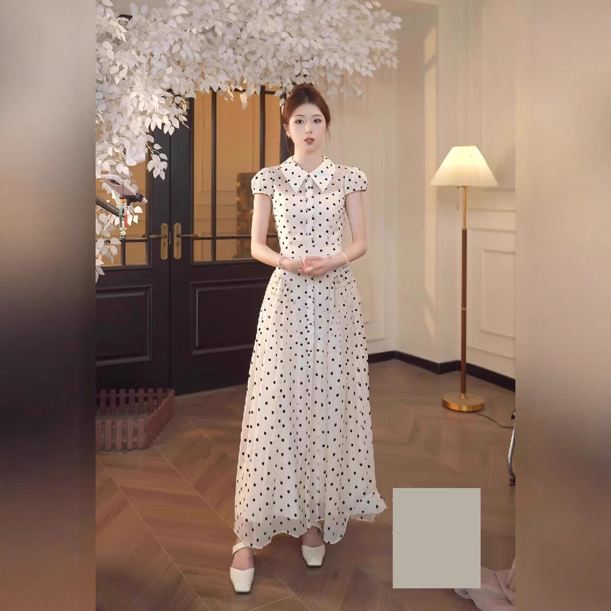 TZ6945法式甜美气质白色波点连衣裙女温柔富家千金感穿搭减龄长裙