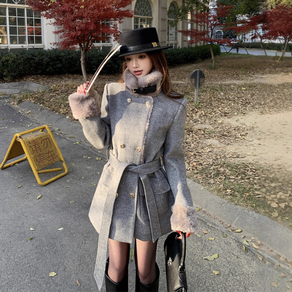 RHGD实拍冬季夹棉毛呢外套短款大衣女冬富家千金圣诞跨年穿搭