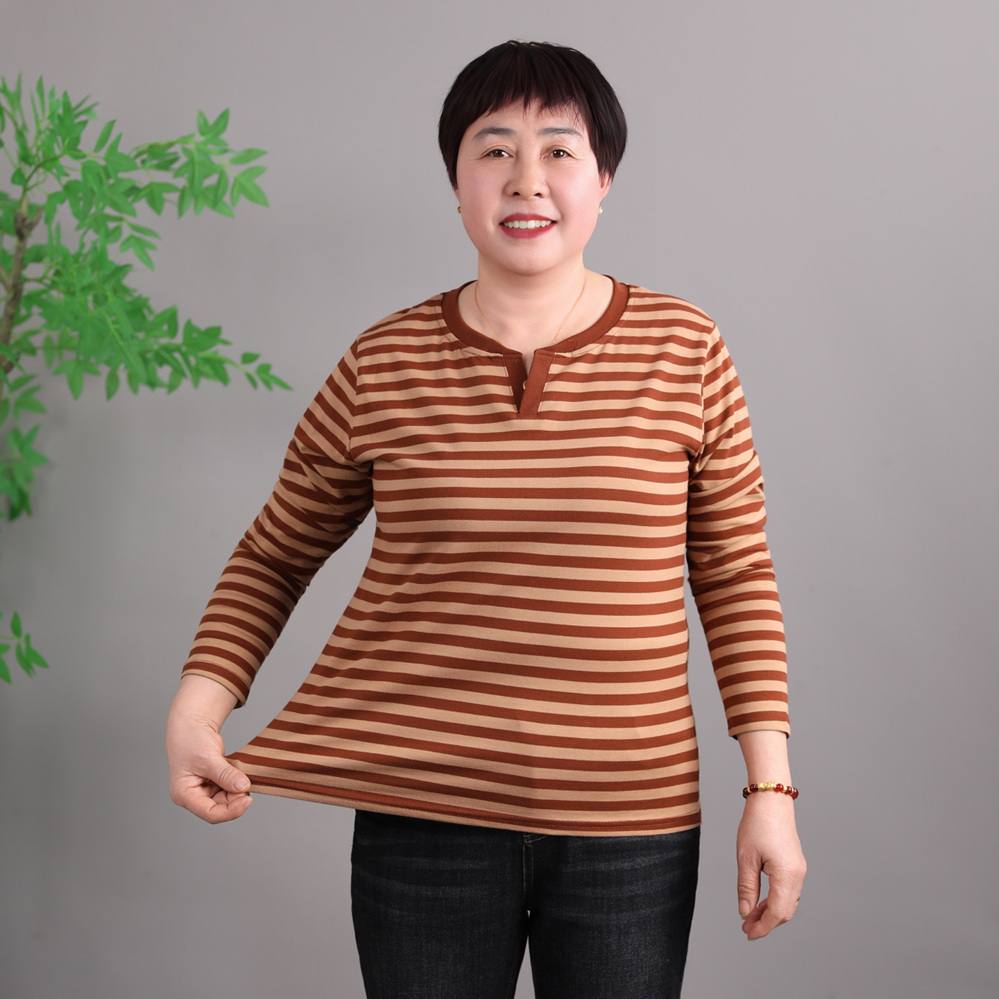 中老年妈妈条纹秋衣不起球有弹力