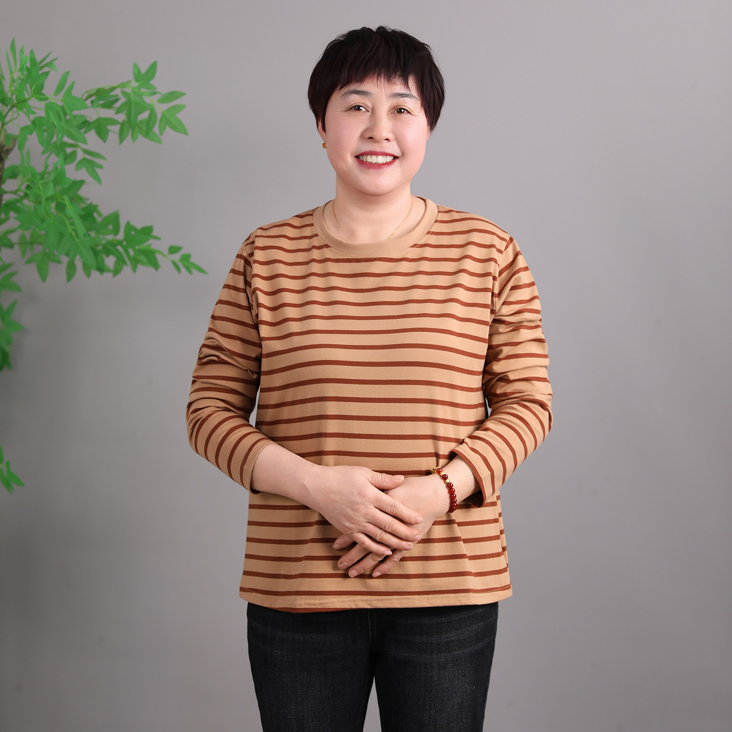 奶奶条纹打底衫中老年妈妈秋衣