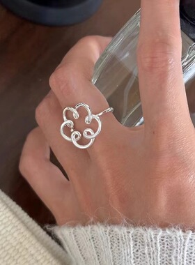 925纯银戒指女镂空线条大花朵小众高级感时尚个性指环简约ins