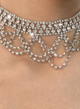 欧美跨境时尚镶钻水钻流苏项链个性多层气质新娘宴会百搭项链首饰