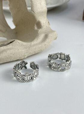 新款涂鸦小熊姜饼人戒指女复古可爱ins风泰银卡通指环圣诞节礼物