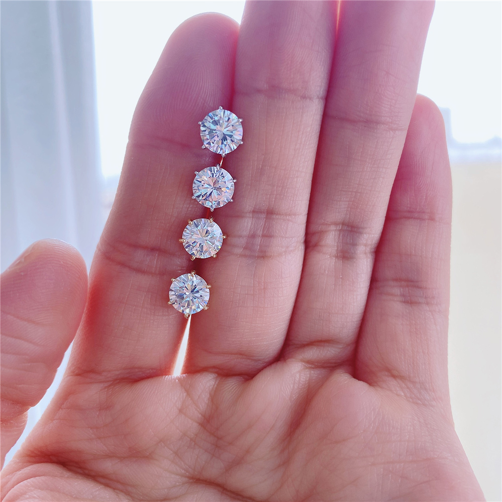 韩版时尚925银针1克拉6爪耳钉镀14K金色锆石耳环优雅仿真钻石耳饰