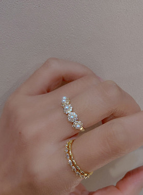 s925纯银法式浪漫多层镶钻小众设计感珍珠戒指可调节食指戒新款潮