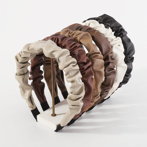 F5446跨境复古PU皮革褶皱发箍女 法式时尚不规则个性简约纯色头箍