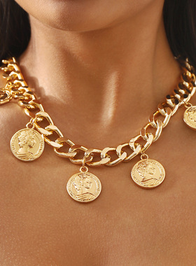 N12173欧美跨境饰品复古金属钱币吊坠流苏项链时尚女王图像锁骨链