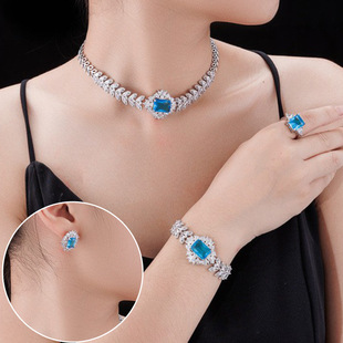 欧美跨境新娘珠宝套装奢华锆石项链耳环手链戒指耳环四件套首饰女