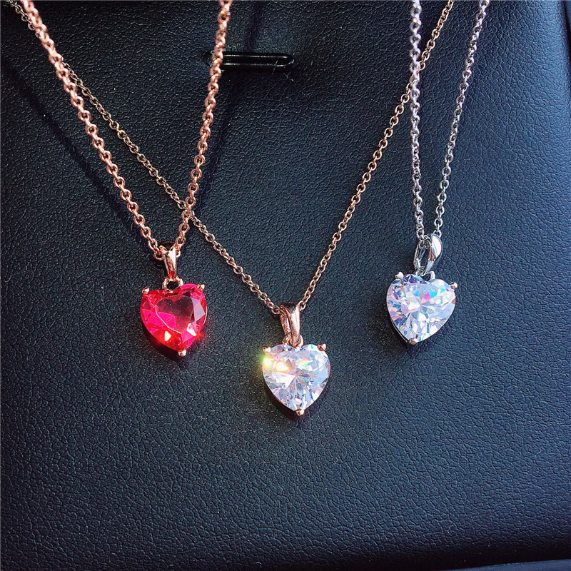 韩版优雅精致大颗水晶锆石锁骨链 1克拉爱心鸡心仿真钻石项链 女