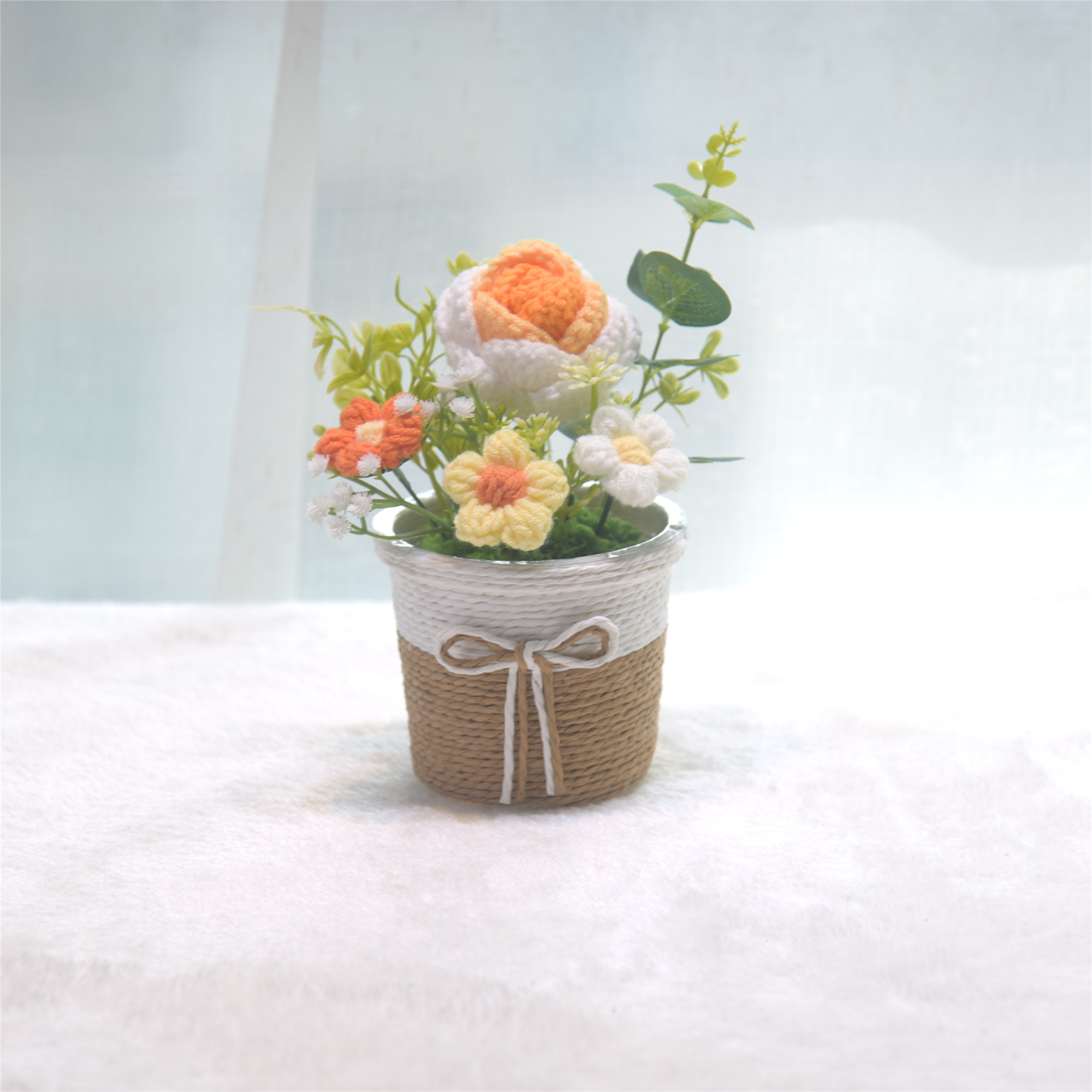 仿真花假花手工编织针织小盆栽客厅餐厅装饰办公室桌面花艺摆件