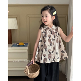 2025夏季 新品 女童滿印無袖 寶寶洋氣大下擺翻領(lǐng)襯衫 娃娃衫 韓國童裝